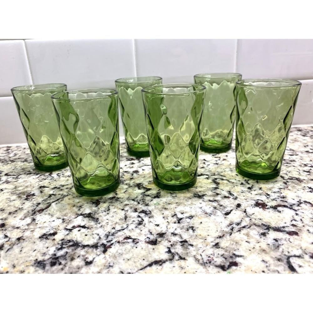 Vintage Set of 6 Hazel Atlas Avocado Green Diamond Optic Pattern Juice Glasses